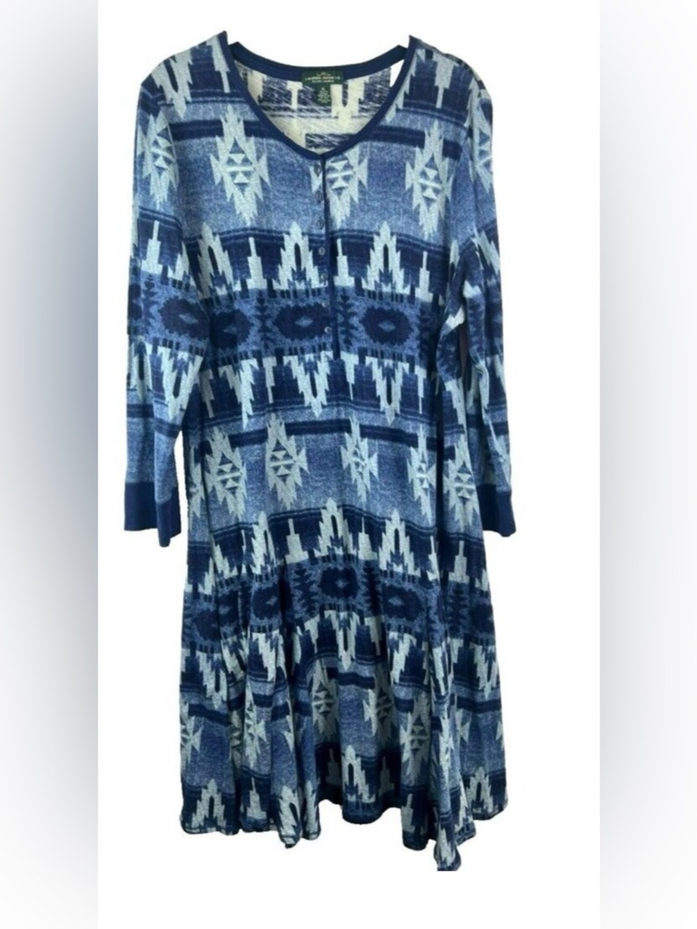 LRL Ralph Lauren Jeans Dress XL Blue Aztec Southwestern Swing Midi 3/4 Sleeve